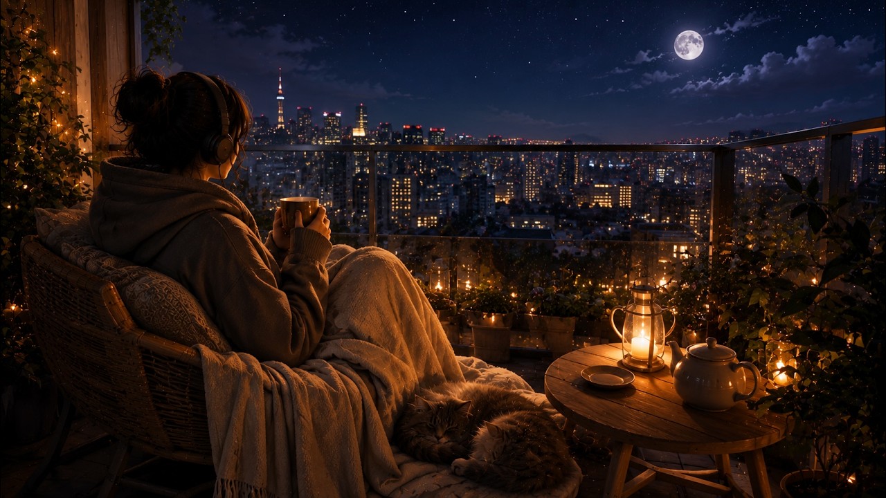 Cozy Balcony Night ☕🌙 Relaxing Lofi Beats | City Lights, Tea & Peaceful Night Ambience #CozyBalcony