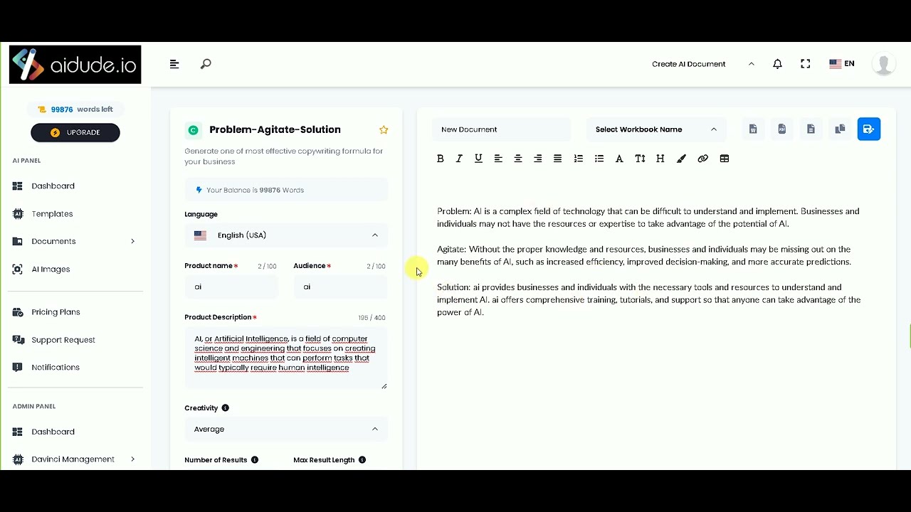 Problem Agitate Solution - aidude.io - Generate one of most effective copywriting formula business
