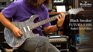 Video thumbnail for Blue Guitars - Black Smoker / FUTURA-S SSH Flame Maple Top, Fiji Mahogany Back - Faded Lazuli Blue by Blue Guitars