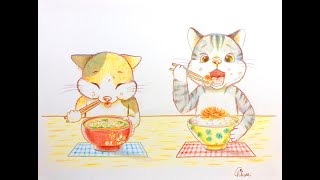 色鉛筆3色塗り「ねこまんま」~3colored pencil drawing~