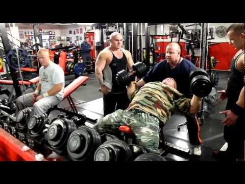 Gary Lister incline dumbell flyes @ Listers Universal Gym