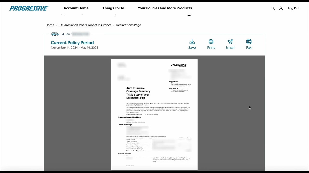 Progressive (web) - How to get your declarations page