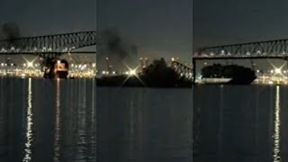 LIVE HD VIDEO FOOTAGE THE MOMENT CARGO SHIP CRASHES INTO BALTIMORE BRIDGE FRONT AND REVERSE ANGLE