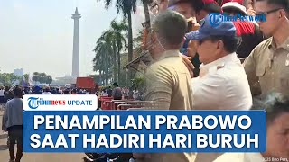Detik-detik Kedatangan Prabowo saat Hari Buruh, Pakai Topi Sapa Ribuan Pekerja di Lapangan Monas