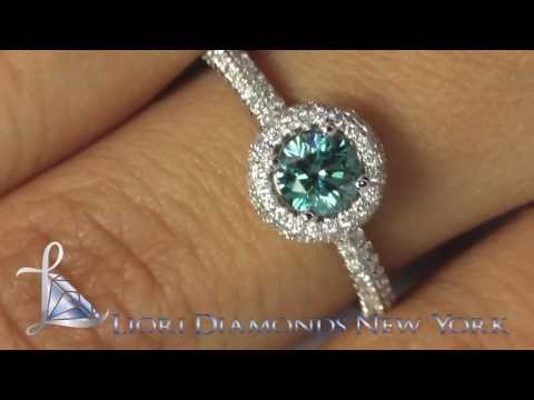 FD-088 - 0.95 Carat Fancy Blue Diamond Engagement Ring 14k White Gold Pave Halo