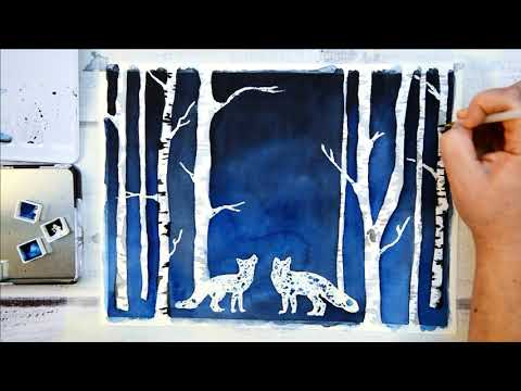 (162) Trees and Red Foxes Watercolor Painting