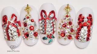 Christmas tree and presents crystals placement nail art. Xmas bling nail art