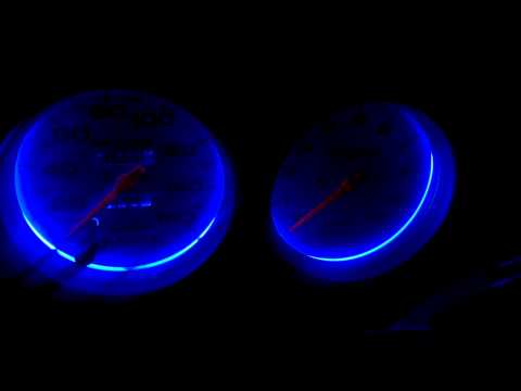 Auto Meter gauges at night, blue LED