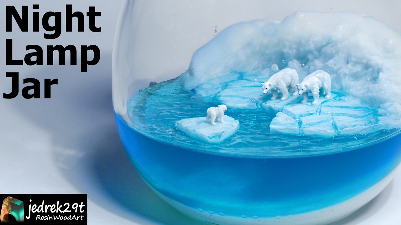 Polar Bears on Ice in JAR. Night Lamp Diorama / Epoxy Resin Art