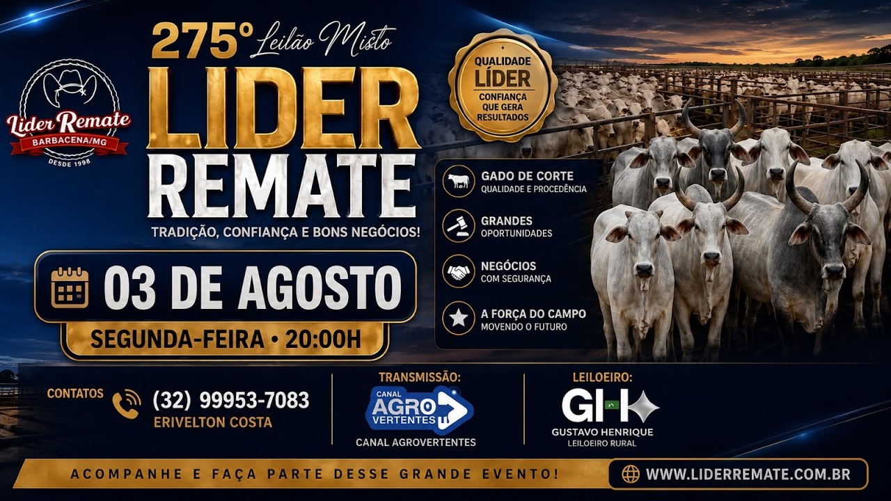 275º LEILÃO MISTO LÍDER REMATE - SÃO JOÃO DEL REI/MG - 03/08/2026