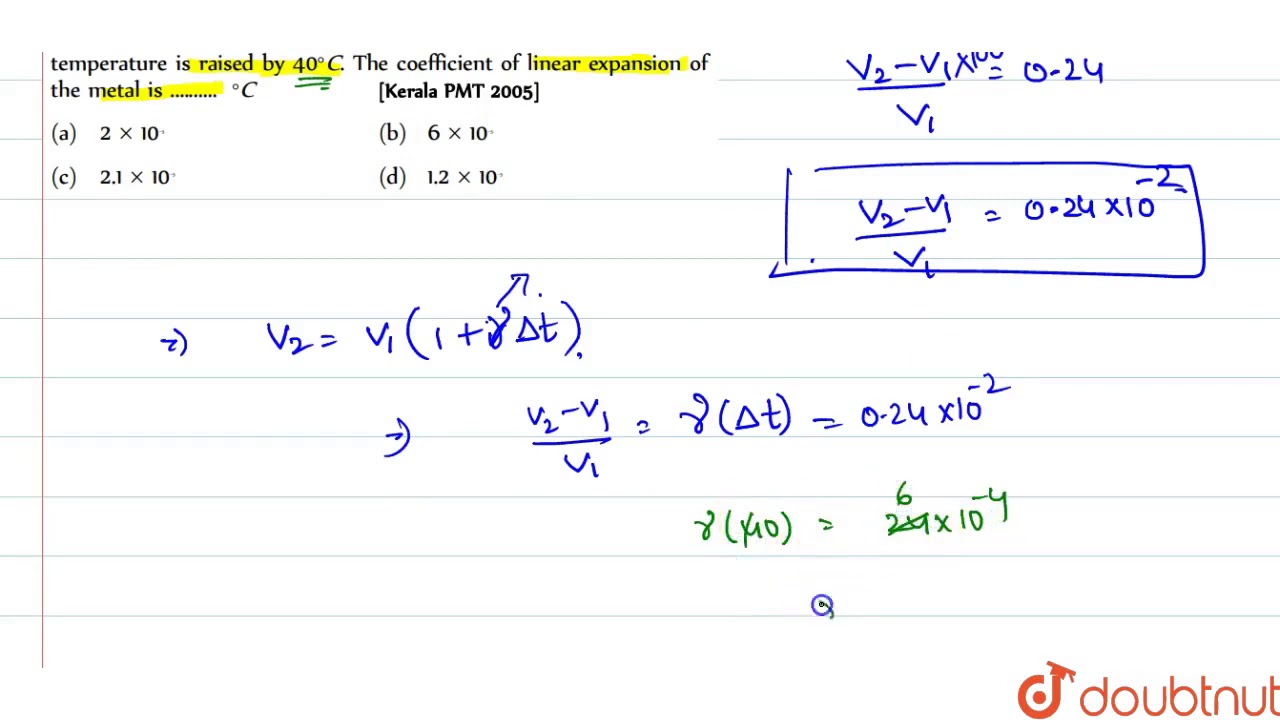 The volume of a metal sphere increases by `0.24%` when its temperature is raised by `40^(@)C` .