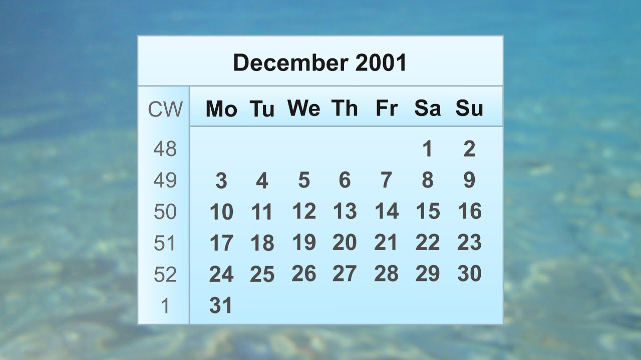 December 2001 Calendar