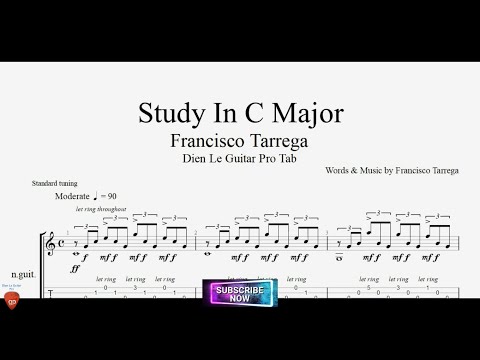 Study In C Major by Francisco Tarrega for Guitar Tutorial with TABs