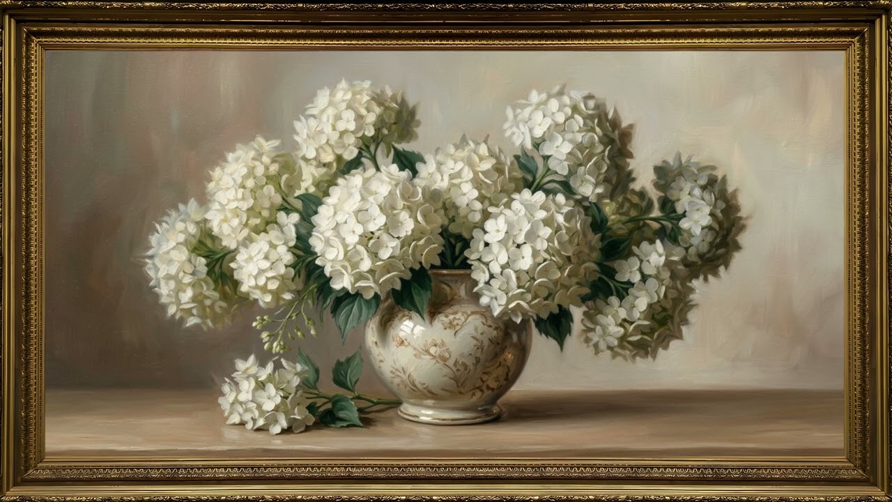 White Hydrangeas in Vase Gold Frame - 4k Frame Tv Art — 4K ambient art screensaver in baroque gold frame