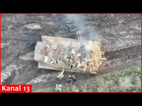 Russian armored personnel carrier with fighters in it was targeted by a kamikaze drone