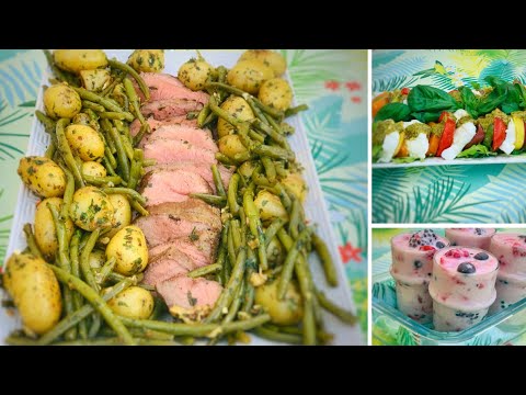 Roast beef, steamed vegetables, tomato mozzarella salad and red fruit yogurt dessert