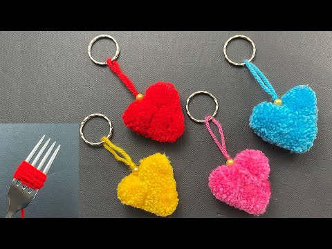 💖 Easy Pom Pom Heart Making with Fork - How to Make Yarn Heart -  फोर्क के साथ पोम पोम हार्ट मेकिंग