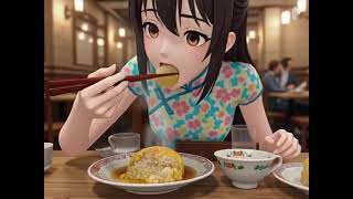 PixVerseで生成した「天津飯を食べるチャイナ服を着た女の子」