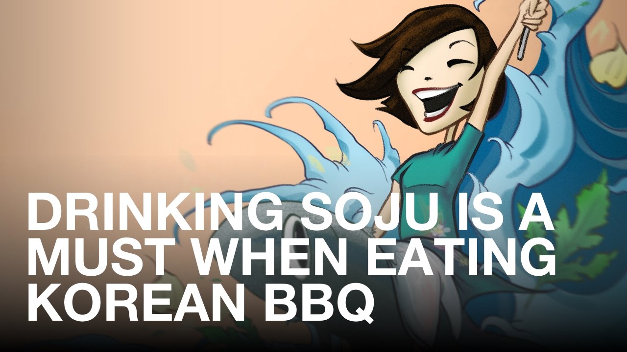 Friends at a Korean BBQ restaurant grilling pork belly with green bottles of soju on the table for a typical samgyeopsal and soju pairing