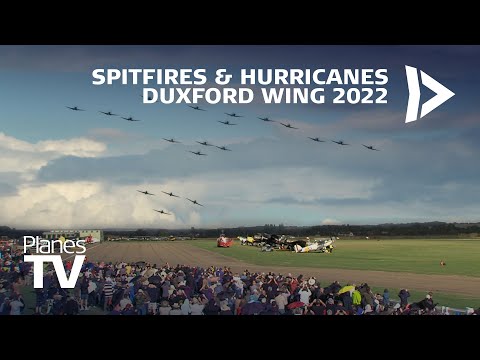Awesome 'Duxford Wing' massive formation of Spitfires and Hurricanes Battle of Britain Air Show