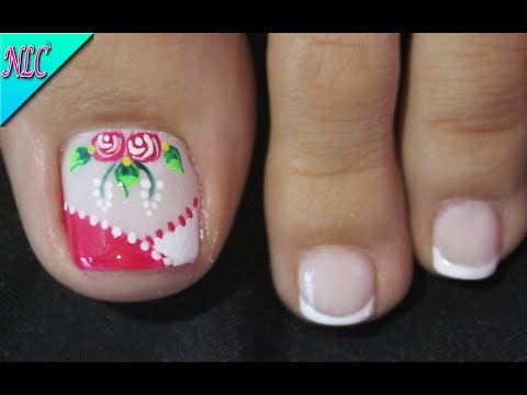 DISEÑO DE UÑAS PARA PIES ROSAS Y FRANCÉS PRINCIPIANTES – ROSES NAIL ART – FRENCH NAIL ART – NLC