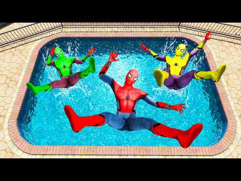 GTA 5 Rainbow  Green Vs Red & Yellow Spiderman Jumping Into Pool (Euphoria Physics/Ragdolls) #1
