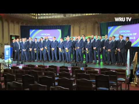 Wales rugby team sing Lan y Môr at RWC ceremony