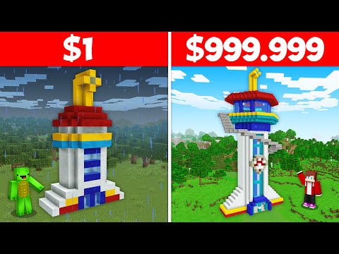 JJ and Mikey $1 vs $99999 BUILD CHALLENGE Paw Patrol Tower in Minecraft - Maizen