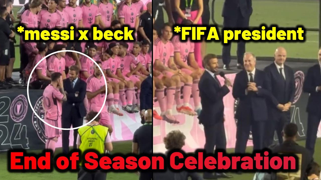 Messi celebrating with Beckham and FIFA president at the end of season party