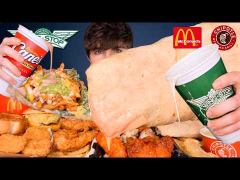ASMR MUKBANG MCDONALDS CHIPOTLE WINGSTOP CHICKEN BURGERS BURRITOS & FRIES | WITH EXTRA CANES SAUCE