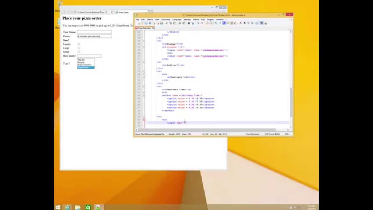 HTML Form example (Pizza order)