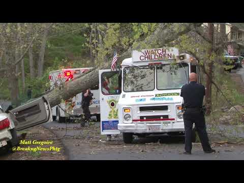 Car hits tree, tree falls on ice cream truck in Sutton, Ma