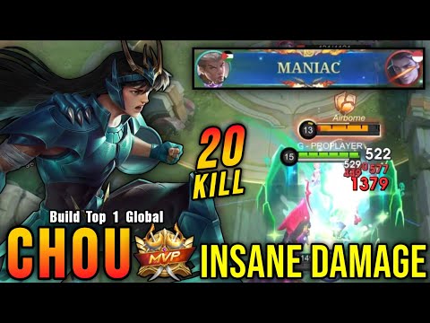 20 Kills + MANIAC!! Insane Damage Chou Monster EXP Laner!! - Build Top 1 Global Chou ~ MLBB