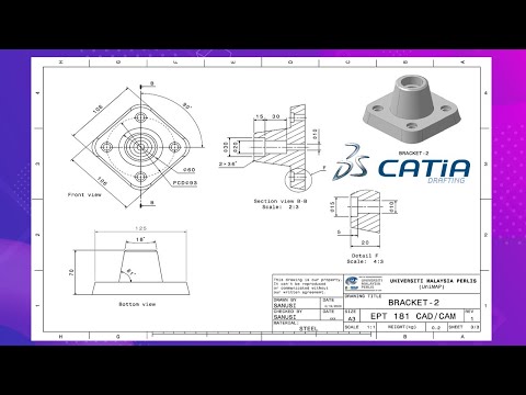CATIA V5 DRAFTING EXERCISE (BRACKET) - BASIC DETAIL DRAWING & TITLE BLOCK TO PRINT SETUP (PDF)