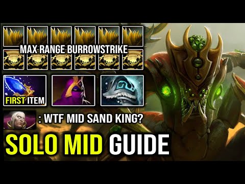 How to Solo Mid Sand King in 7.28c with First Item Scepter Max Range Burrowstrike + Imba AOE DotA 2