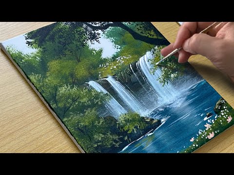 Peaceful Waterfall Painting - Relaxing Nature Scenery Acrylic Art