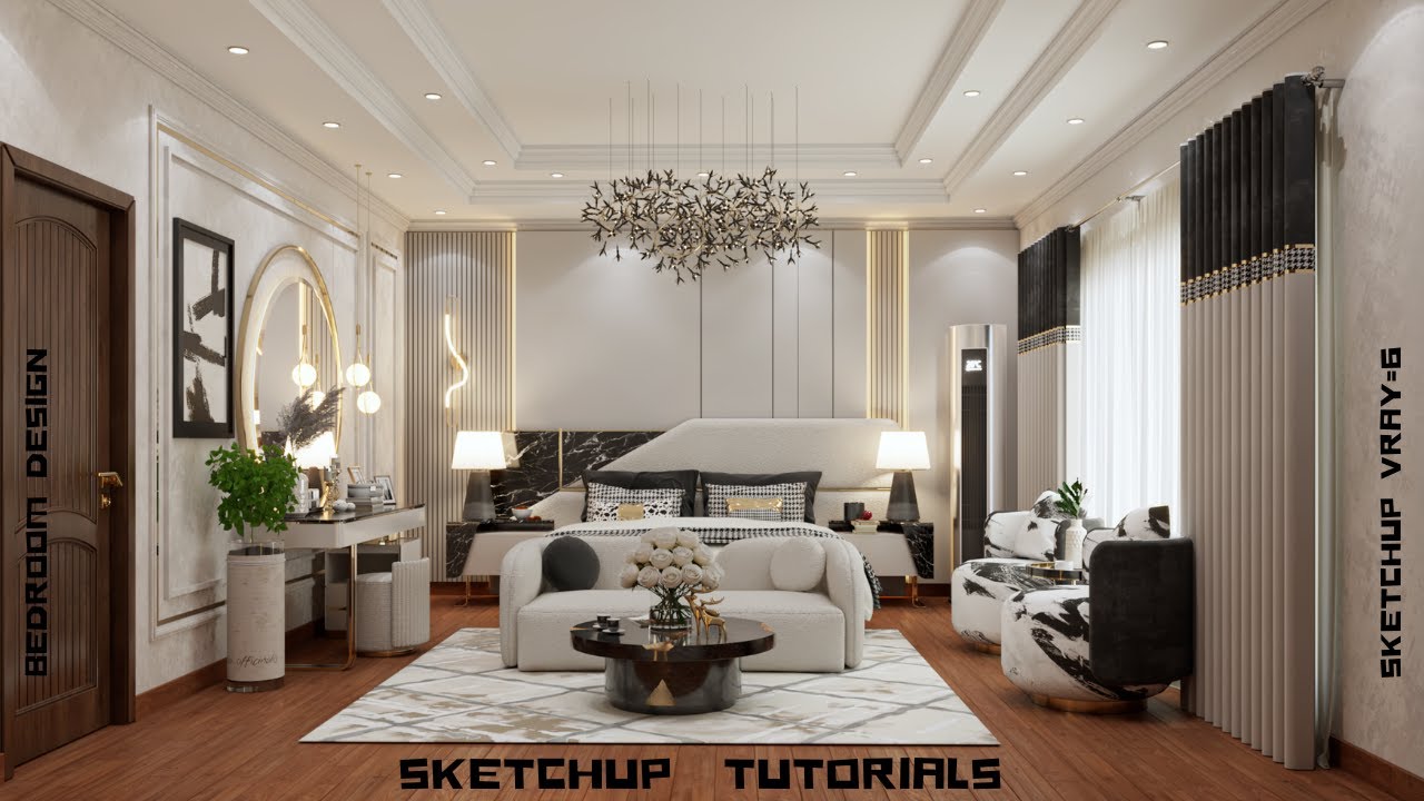 Sketchup interior design #4 How to make a master bedroom design and render vray=6