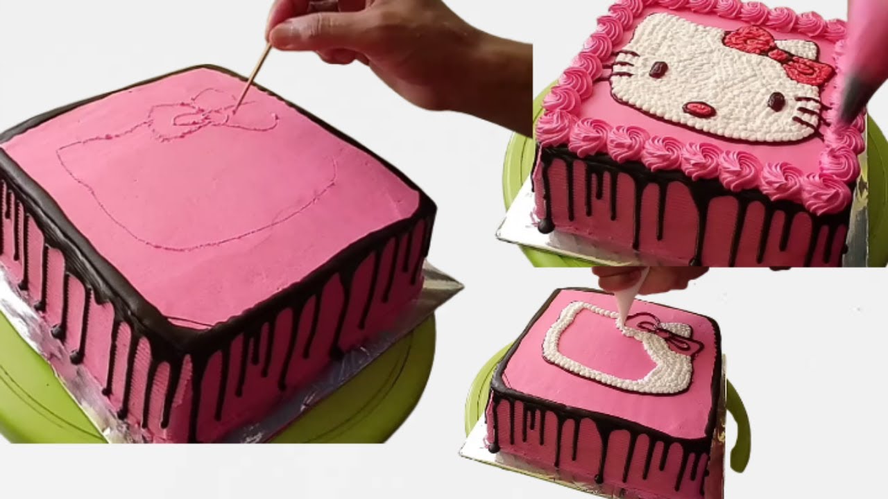 CARA MENGHIAS KUE ULTAH HELLO KITTY LUKISAN TANGAN, DECORATE HELLO KITTY BIRTHDAY CAKE HAND PAINTING