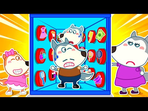 100 Mystery Buttons Challenge for Mom's Gift | Series Fun Playtime With Mommy Wolf |Cartoon for Kids