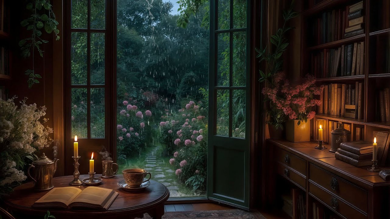 [ Thunderstorm in the Library] Rainy Morning, Hot Tea & Quiet Reading