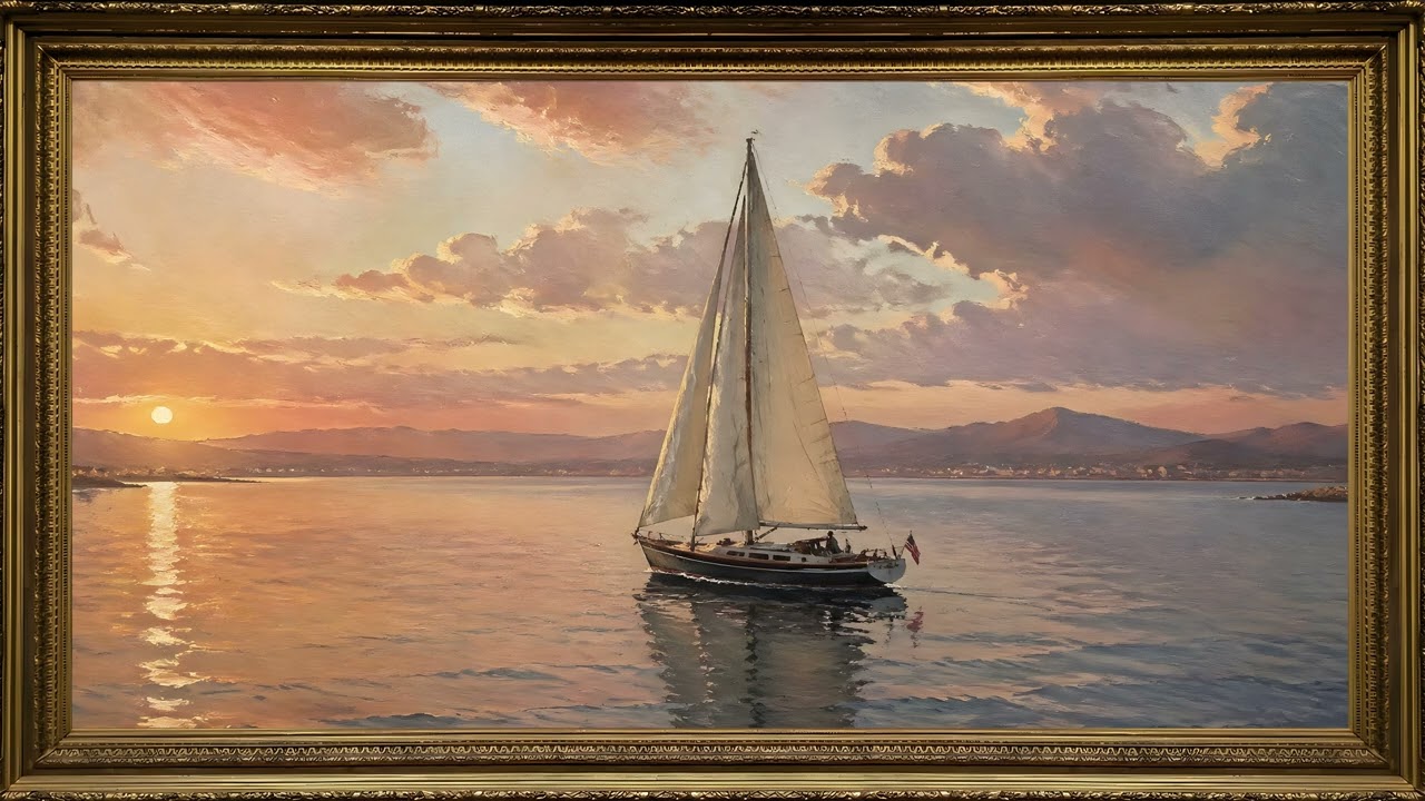 Sailboat at Sunset in Gold Frame 4K | Coastal Oil Painting TV Art (2 Hours) Free Frame TV Artwork — 4K ambient art screensaver in baroque gold frame