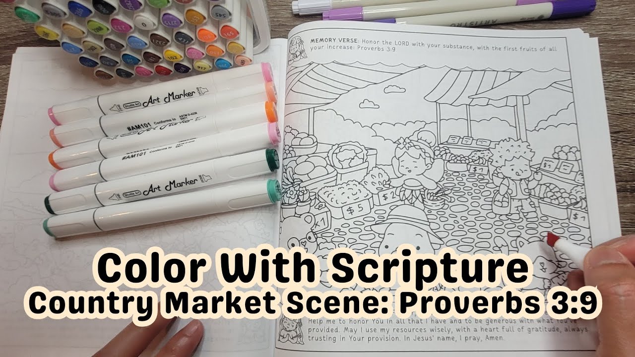 Christian Bible Verse Coloring Page | Country Market Scene from Cozy Blessings Coloring Book