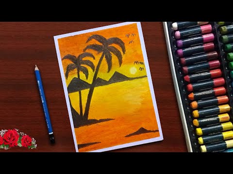 Easy Oil Pastel Drawing For Beginners | Step by Step | Sunset Scenery Drawing 