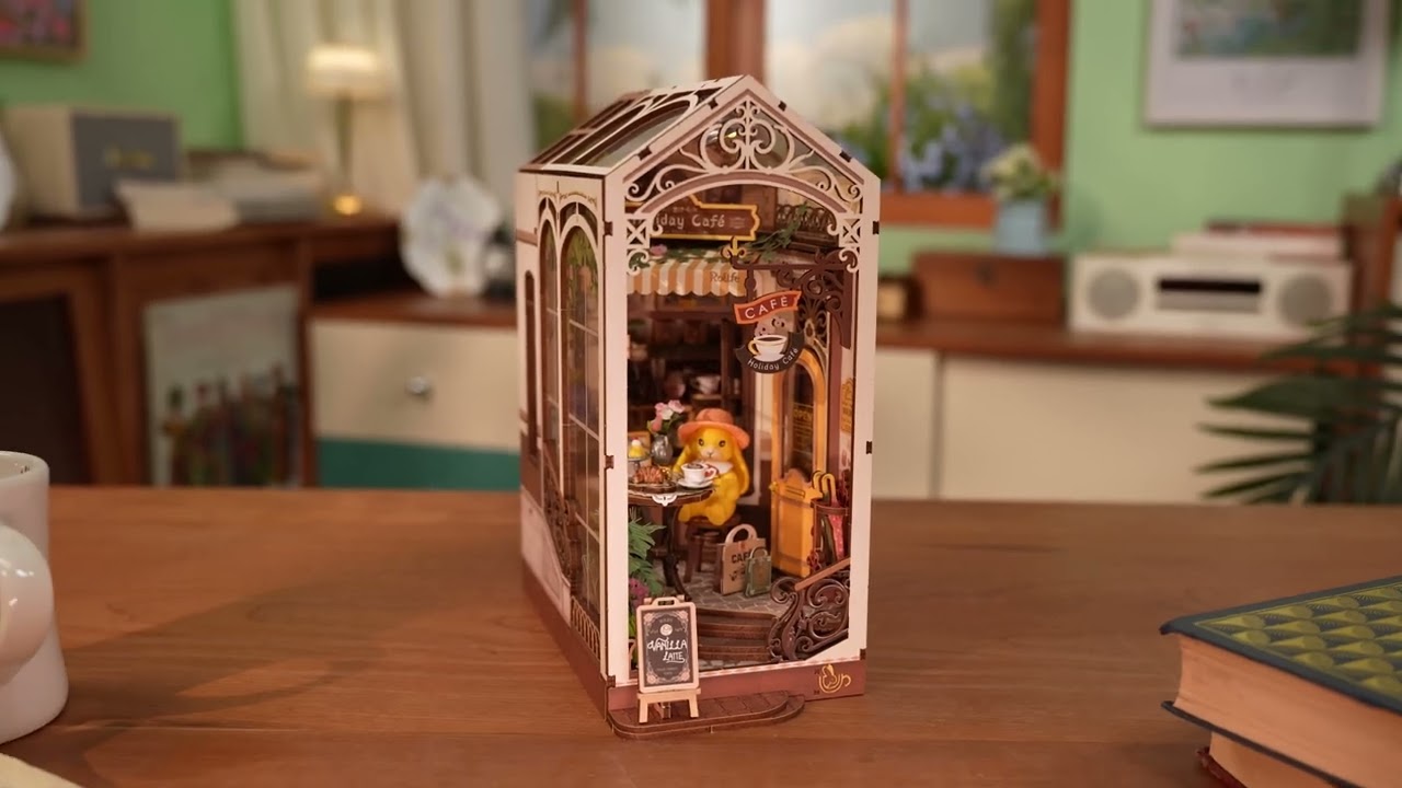 RoboTime 3D skládačka Zarážka na knihy Miniatura domečku Prázdninová kavárna