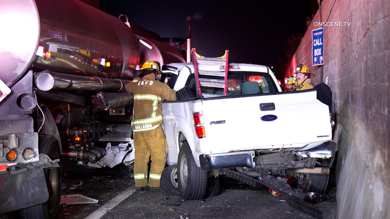 Driver Trapped in Pickup After Crashing into Gas Tanker