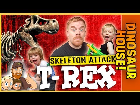 T-REX SKELETON ATTACK!  Joey and Little Mikey defend against a giant T-Rex come to life!- Kidsy TV