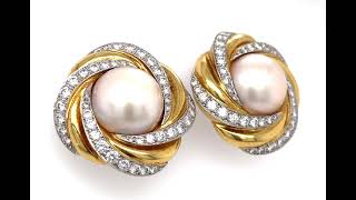 Charles Turi 18k Gold & Platinum Mabe Pearl Clip-on Earrings w/ 3.3ct Diamond Accents.