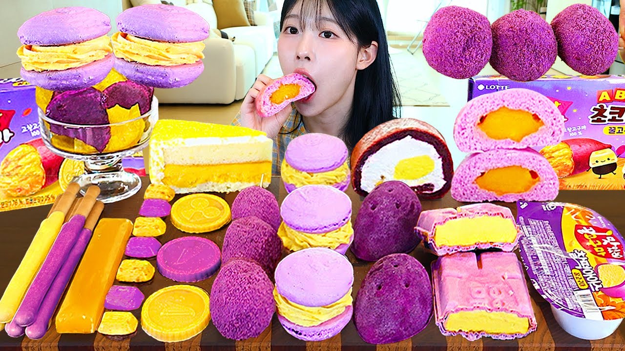 ASMR MUKBANG| 고구마 디저트 아이스크림 마카롱 케이크 먹방 & 레시피 SWEET POTATO DESSERT ICE CREAM EATING