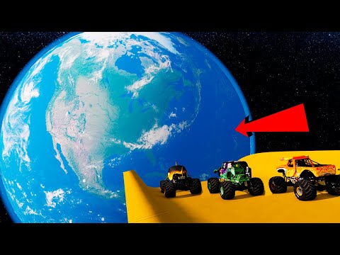 Grave Digger and MONSTER TRUCKS  vs  SPACE RAMPS - BeamNG Monster Truck Crashes
