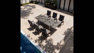 OUTFLEXX Premium Garten-Essgruppe, anthrazit matt, Aluminium/Polyester/Spraystone/Teak, 160/260 x 100 cm, 6 Stapelsessel 